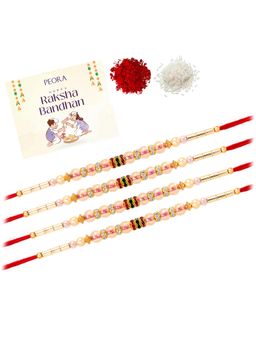 Peora - Multi-Color Stone Pearl Thread Rakhis with Greeting Card (Pack of 4)