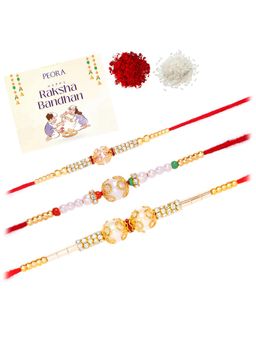 Peora - Multi-Color Stone Pearl Thread Rakhis with Greeting Card (Pack of 3)