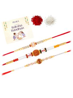 Peora - Multi-Color Stone Rudraksha Thread Rakhis with Greeting Card (Pack of 3)