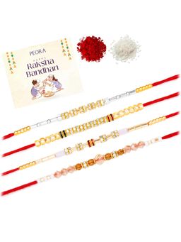 Peora - Multi-Color Beads Stone Thread Rakhis with Greeting Card (Pack of 4)
