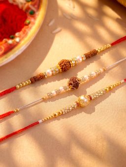 Peora - Multi-Color Stone Rudraksha Thread Rakhis with Greeting Card (Pack of 3)