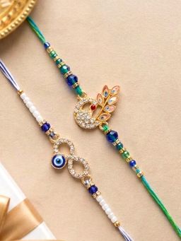 Peora - Multi-Color Stone Evil Eye Thread Rakhis with Greeting Card (Pack of 2)