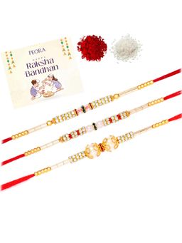 Peora - Multi-Color Stone Pearl Thread Rakhis with Greeting Card (Pack of 3)