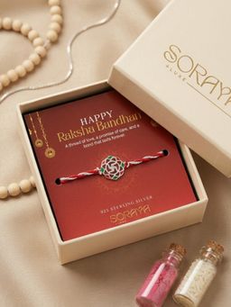 Soraya Luxe - 925 Pure Silver Meenakari Swastik Red Thread Rakhi with Card