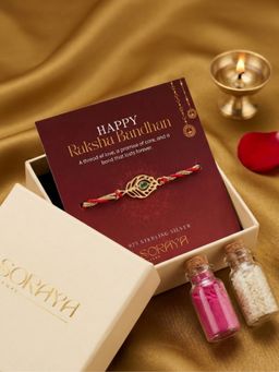 Soraya Luxe - 925 Pure Silver 18K Gold Plated Green Peacock Feather Thread Rakhi with Card