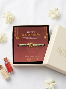 Soraya Luxe - 925 Pure Silver 18K Gold Plated Green Peacock Feather Thread Rakhi with Card