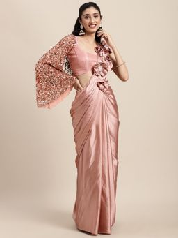Tikhi Imli - Pink Poly Satin Saree with Applique Flower On Shoulder Area with Unstitched Blouse