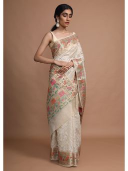 KALKI FASHION - Gold Saree In Zari Kota Silk Hand Embroidered with Unstitched Blouse
