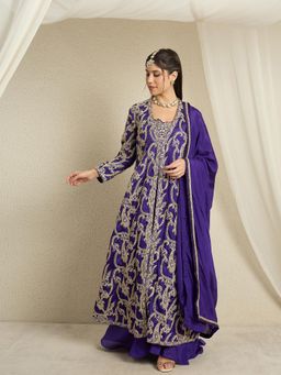 Miss Ethnik - Purple Embroidered Kurta, Jacket and Palazzo with Dupatta Set