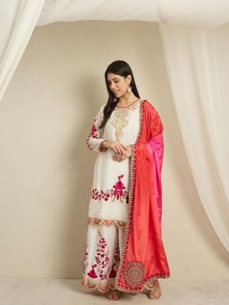 Miss Ethnik - Off White Kurta and Palazzo with Dupatta Set