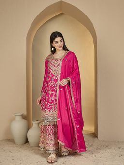 Miss Ethnik - Pink Embroidered Kurta and Palazzo with Dupatta Set