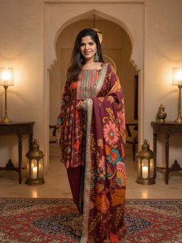 Ishnya - Geet Maroon Printed Kurta With Dhoti & Dupatta (Set of 3)