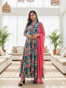 Ishnya - Blue Floral Printed Kali Dress with Dupatta
