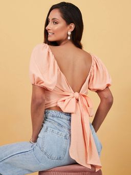 Styli - Coral Puff Short Sleeves Square Neck Blouse With Back Tie