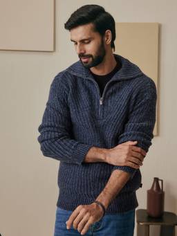 Andamen - Navy Blue Polyester Blend Melange Sweater