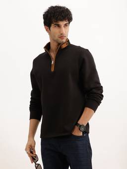 WROGN - Black Solid Contrast Quarter Zipper Sweatshirt