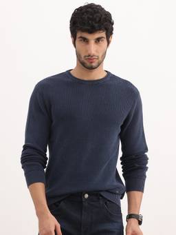 WROGN - Navy Blue Solid Regular Fit Sweater