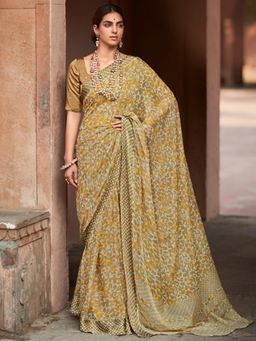 Akhilam - Womens Chiffon Khaki Printed Designer Saree with Unstitched Blouse