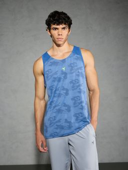 Technosport - Men Blue Jacquard Slim Fit Round Neck Sports Tank Top with Ventmesh
