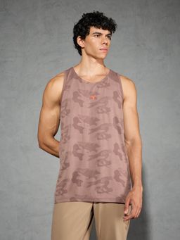Technosport - Men Brown Jacquard Slim Fit Round Neck Sports Tank Top with Ventmesh