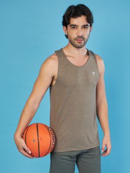 Technosport - Men Brown Melange Slim Fit Round Neck Sports Tank Top with Double Cool