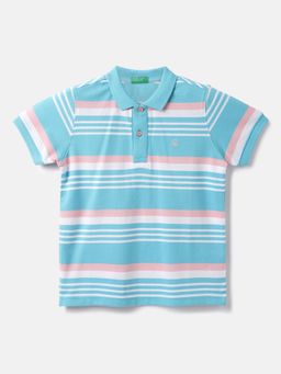 United Colors of Benetton - Cotton Striped Polo Neck Boys Blue T-shirts
