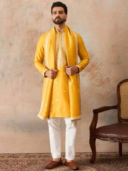 ETHNIC BAY - Mens Yellow Silk Blend Embroidered Kurta And Trouser With Dupatta