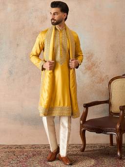ETHNIC BAY - Mens Yellow Silk Blend Embroidered Kurta and Trouser with Dupatta