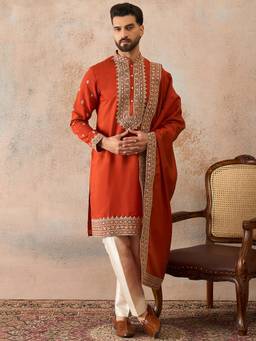 ETHNIC BAY - Mens Rust Silk Blend Embroidered Kurta and Trouser with Dupatta