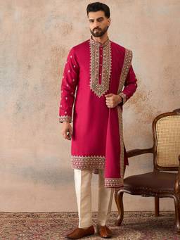 ETHNIC BAY - Mens Pink Silk Blend Embroidered Kurta and Trouser with Dupatta