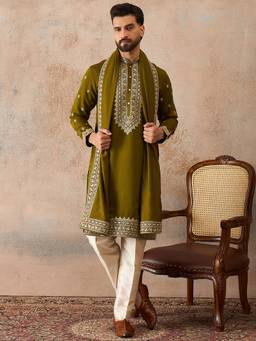 ETHNIC BAY - Mens Green Silk Blend Embroidered Kurta and Trouser with Dupatta