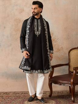 ETHNIC BAY - Mens Black Silk Blend Embroidered Kurta And Trouser With Dupatta