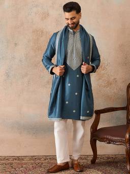 ETHNIC BAY - Mens Blue Silk Blend Embroidered Kurta And Trouser With Dupatta