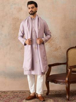 ETHNIC BAY - Mens Lavender Silk Blend Embroidered Kurta and Trouser With Dupatta