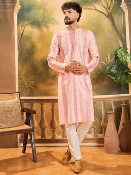 ETHNIC BAY - Mens Viscose Rayon Peach Embroidered Kurta with Trouser