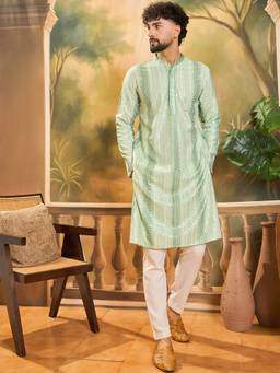 ETHNIC BAY - Mens Viscose Rayon Green Embroidered Kurta with Trouser