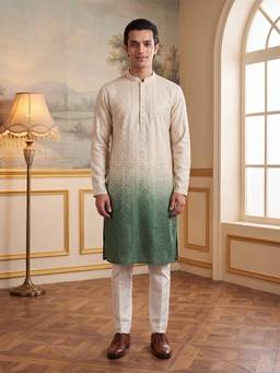 ETHNIC BAY - Mens Green Silk Blend Embroidered Kurta With Trouser