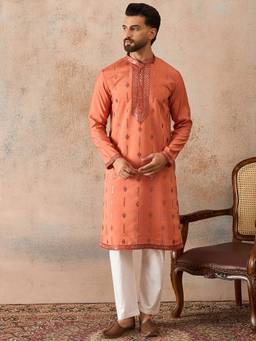 ETHNIC BAY - Mens Orange Silk Blend Embroidered Kurta With Trouser
