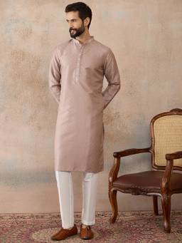 ETHNIC BAY - Mens Lavender Silk Blend Floral Embroidered Kurta with Trouser