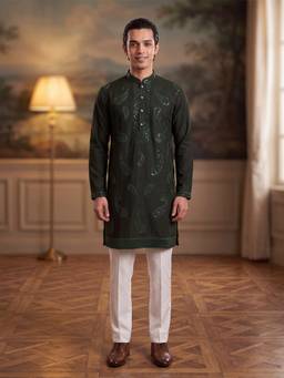 ETHNIC BAY - Mens Green Silk Blend Embroidered Kurta With Trouser