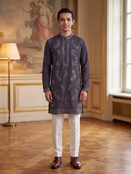 ETHNIC BAY - Mens Grey Silk Blend Embroidered Kurta With Trouser