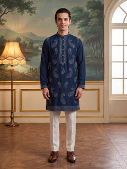 ETHNIC BAY - Mens Navy Blue Silk Blend Embroidered Kurta With Trouser