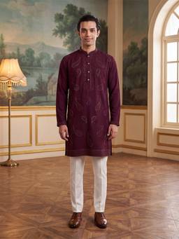 ETHNIC BAY - Mens Wine Silk Blend Embroidered Kurta With Trouser