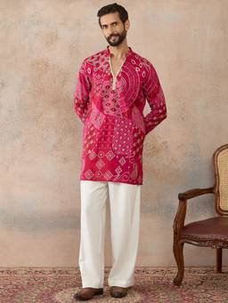 ETHNIC BAY - Mens Pink Silk Blend Ethnic Motifs Embroidered Kurta With Trouser