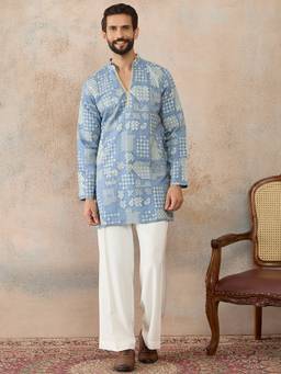ETHNIC BAY - Mens Blue Silk Blend Embroidered Kurta With Trouser