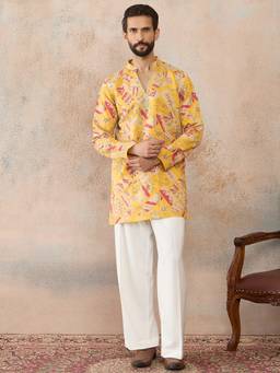 ETHNIC BAY - Mens Yellow Silk Blend Ethnic Motifs Embroidered Kurta With Trouser