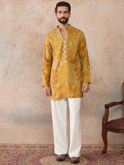 ETHNIC BAY - Mens Mustard Silk Blend Ethnic Motifs Embroidered Kurta With Trouser