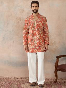 ETHNIC BAY - Mens Coral Silk Blend Embroidered Kurta With Trouser
