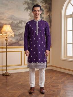 ETHNIC BAY - Mens Purple Silk Blend Embroidered Kurta With Trouser