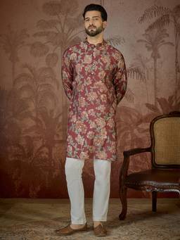 ETHNIC BAY - Mens Maroon Silk Blend Floral Printed Kurta With Trouser